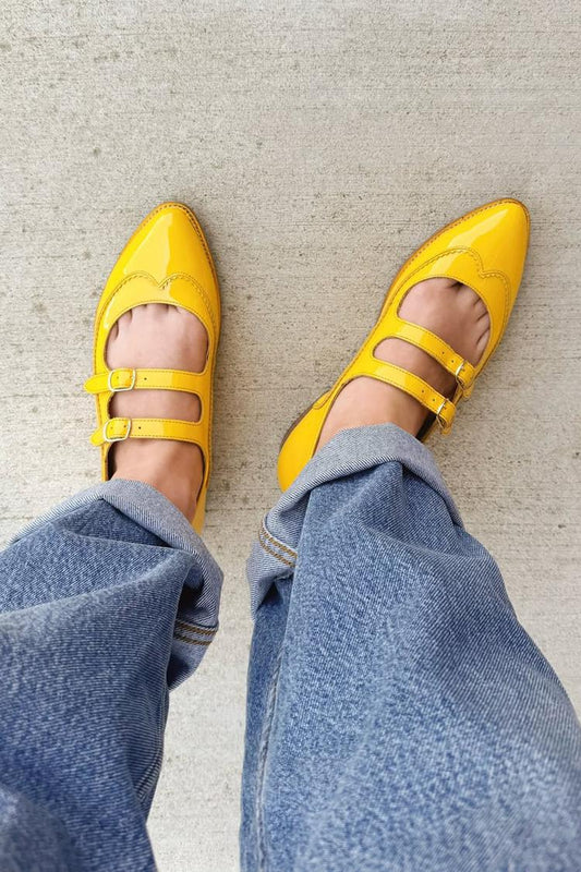 Żółte baleriny z dwoma paskami, klamrą, szpiczastym noskiem i patchworkiem [Przedsprzedaż]
