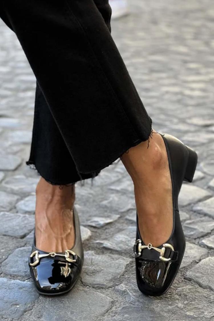 Horsebit Buckle Decor Square Toe Black Casual Low Heels