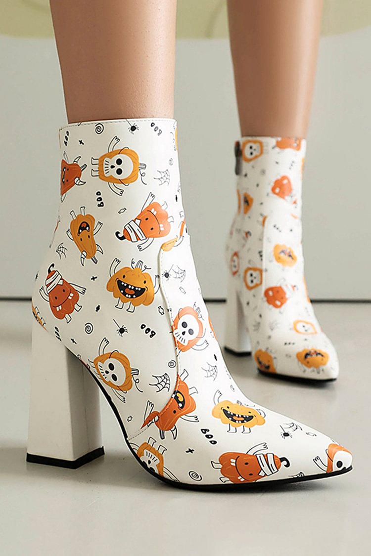 Halloween-Kürbis-Schädel-Druck, spitze Zehen-Stiefeletten mit klobigem Absatz