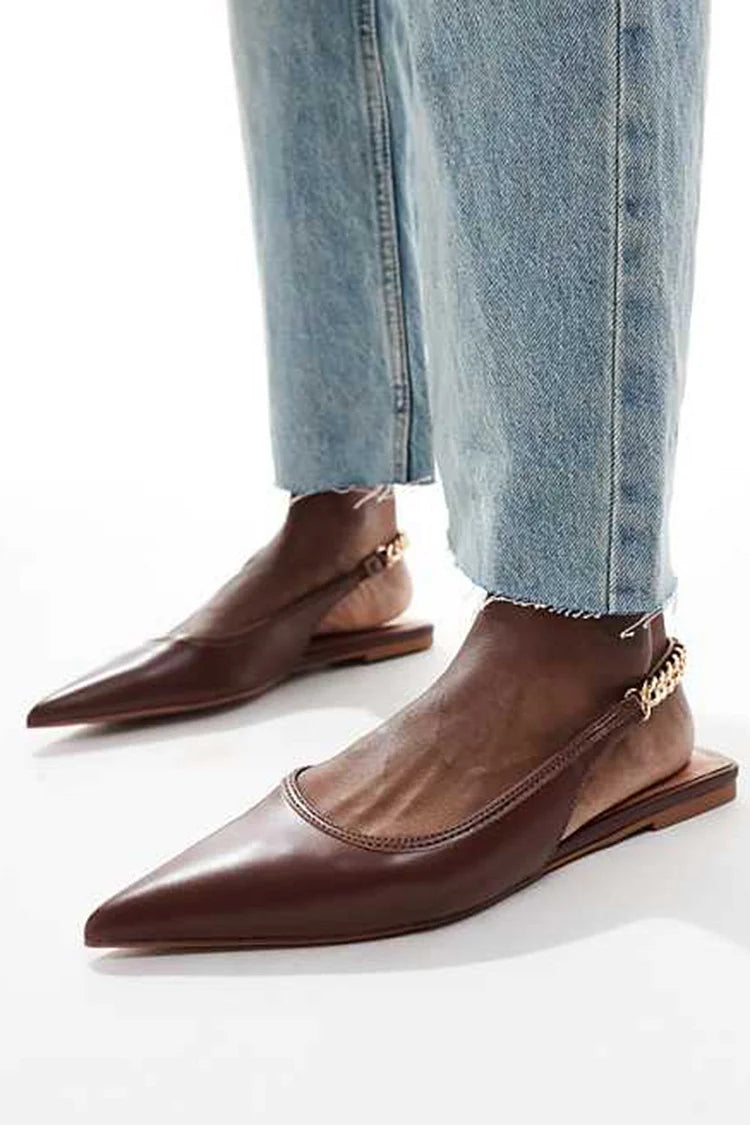 Alloy Chain Slingback Strap Pointed Toe Solid Color Brown Flats [Pre Order]