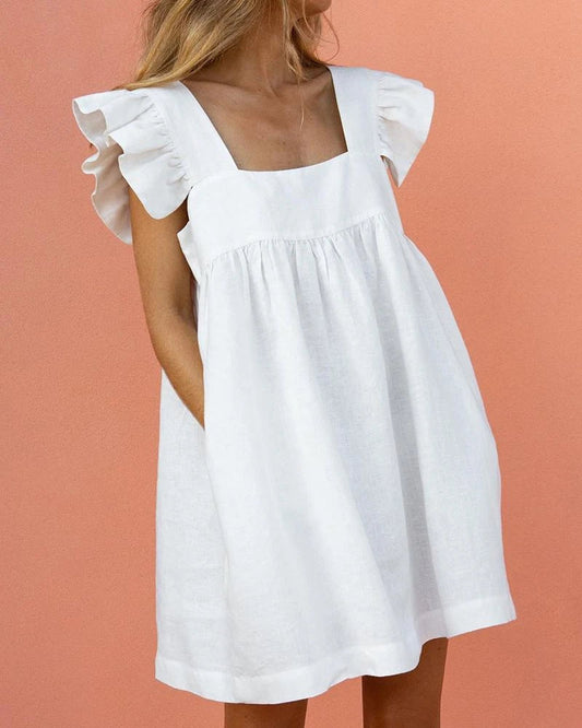 SWEET SQUARE NECK RUFFLE SLEEVE MINI  DRESS