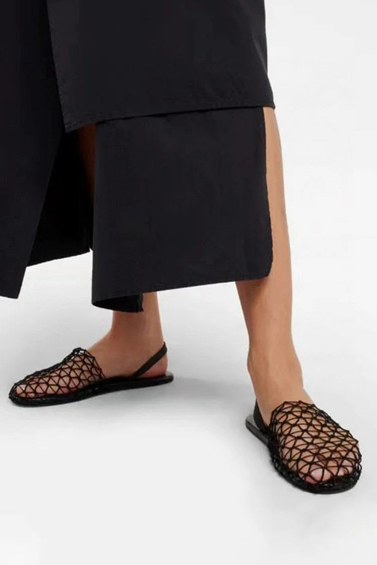 Hollow Out Fishnet Round Toe Casual Flat Sandals