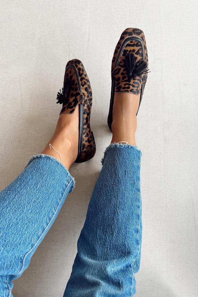 Loafers mit Leopardenmuster, Quastenverzierung, quadratischer Spitze, braun [Vorbestellung]