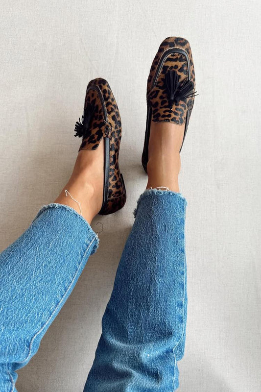 Loafers mit Leopardenmuster, Quastenverzierung, quadratischer Spitze, braun [Vorbestellung]