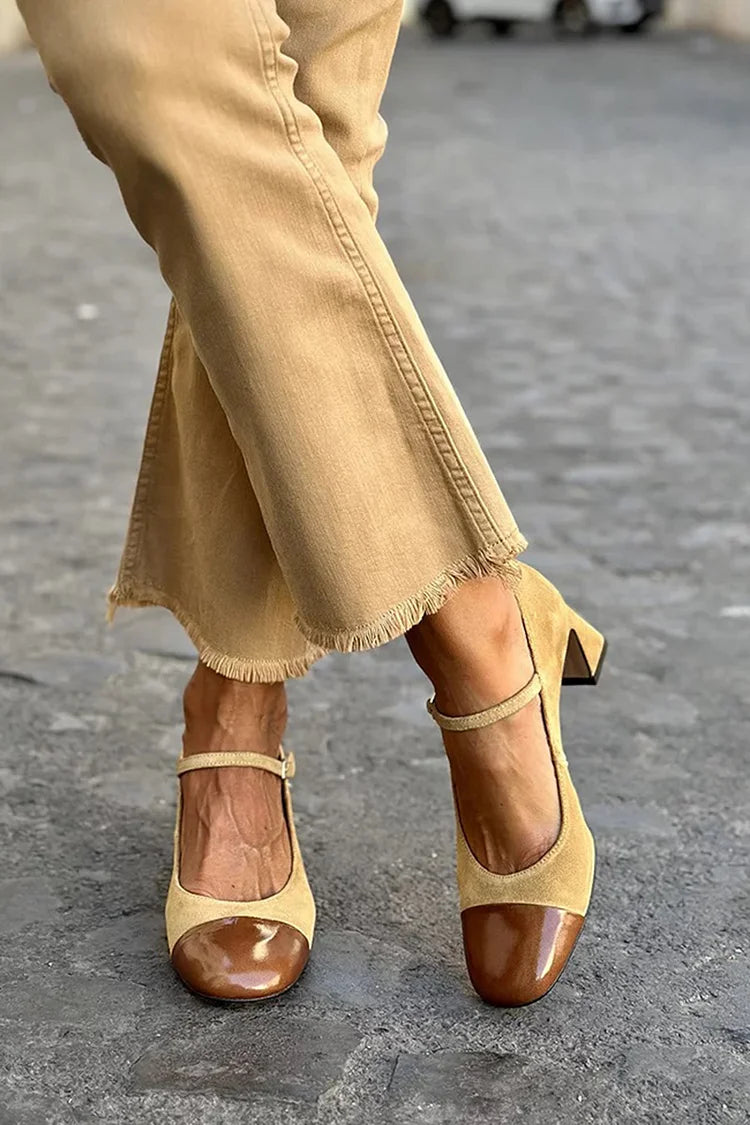 Instep Strap Buckle Colorblock Yellow Chunky Heels [Pre Order]