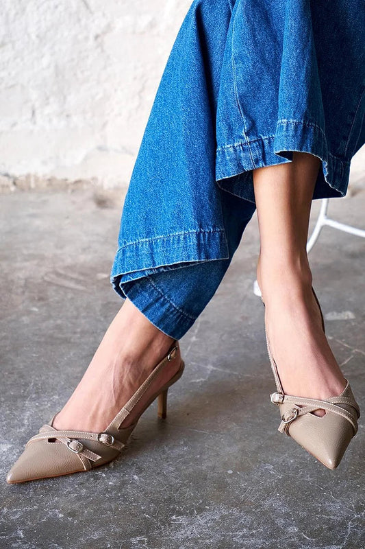 Trendy Cross Straps Buckles Slingback Pointy Toe Taupe Low Heels [Pre Order]