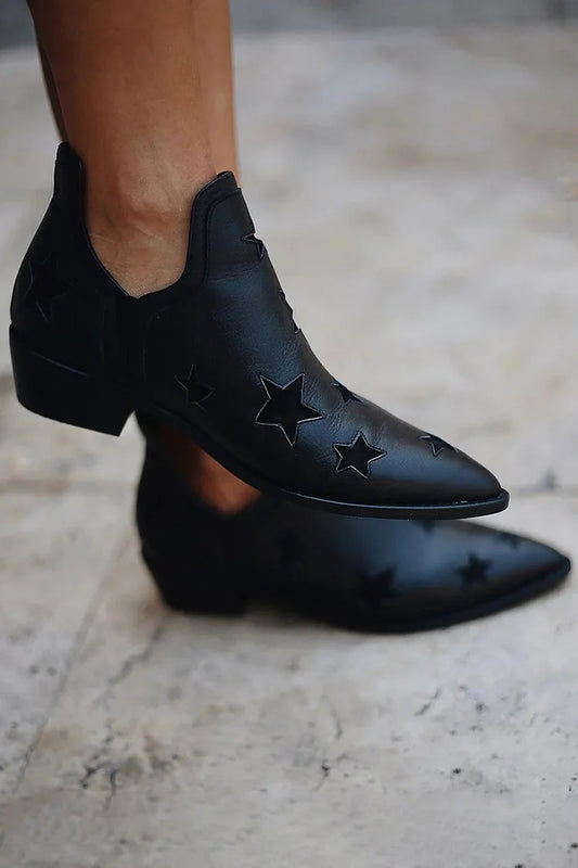 Pointed Toe Star Pattern Black Ankle Boots