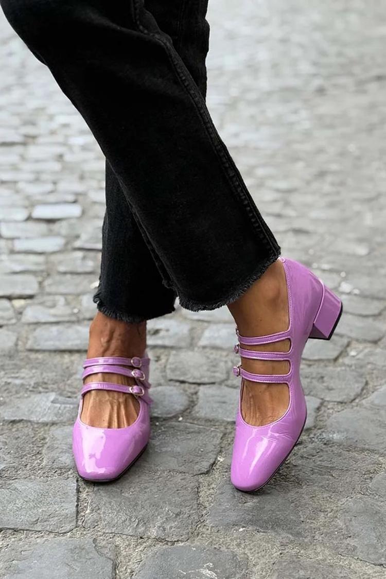 Scarpe basse viola con punta quadrata, cinturino multiplo e fibbia, tinta unita [Pre-ordine] 