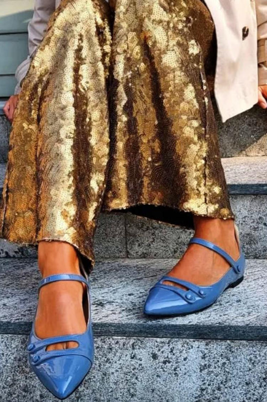 Instep Strap Buckle Solid Color Pointed Toe Blue Flats [Pre Order]