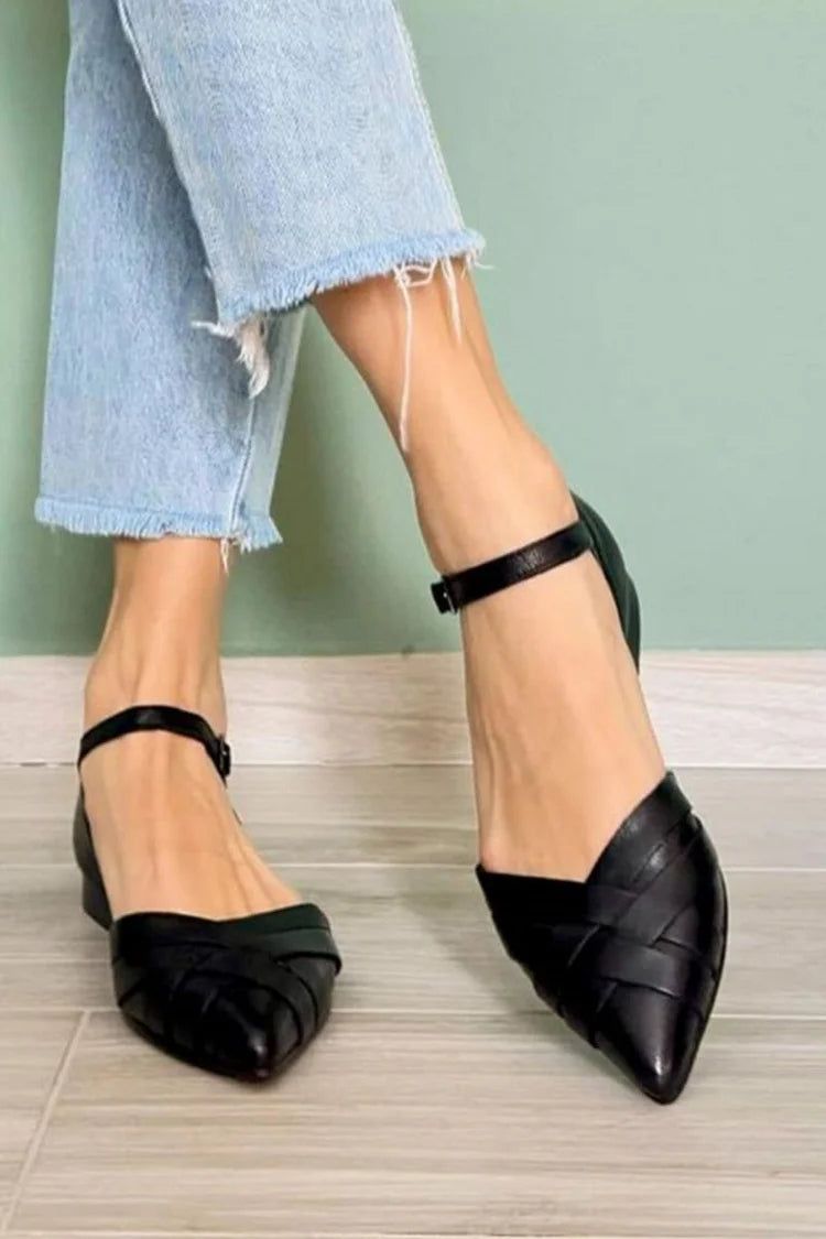 Woven Ankle Strap Buckle Pointed Toe Black Flats