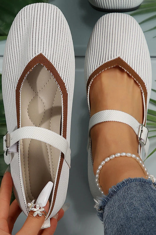 Contrast Binding Instep Strap Buckle Round Toe Knit Flats