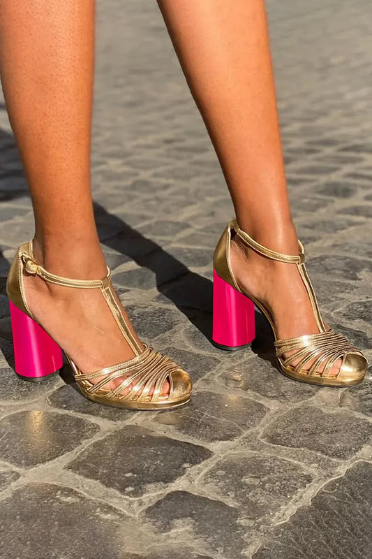 Hollow Out T-Strap Buckle Round Toe Gold Chunky Heels [Pre Order]