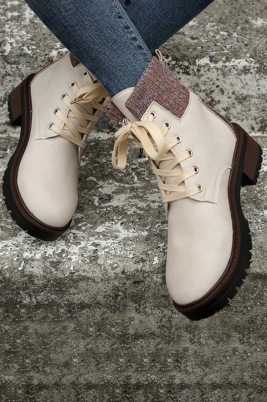 Patchwork Zipper Round Toe Chunky Heel Lace Up Ankle Boots