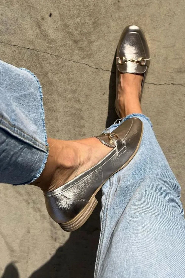 Metallic Sheen Round Toe Buckle Decor Silver Loafers