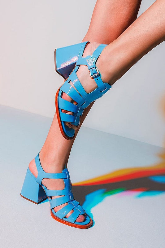 Solid Color Open Toe Woven Blue Chunky Heels [Pre Order]