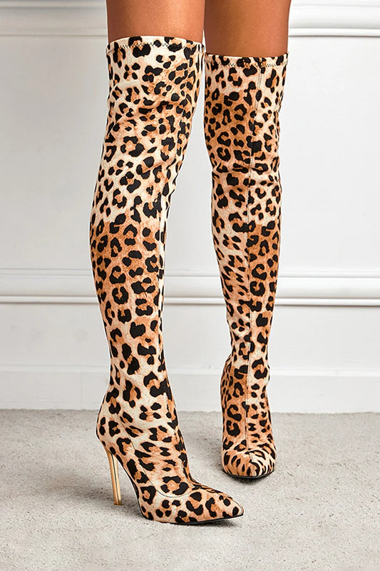 Leopard Print Pointed Toe Stiletto Heel Pull On Over The Knee Boots