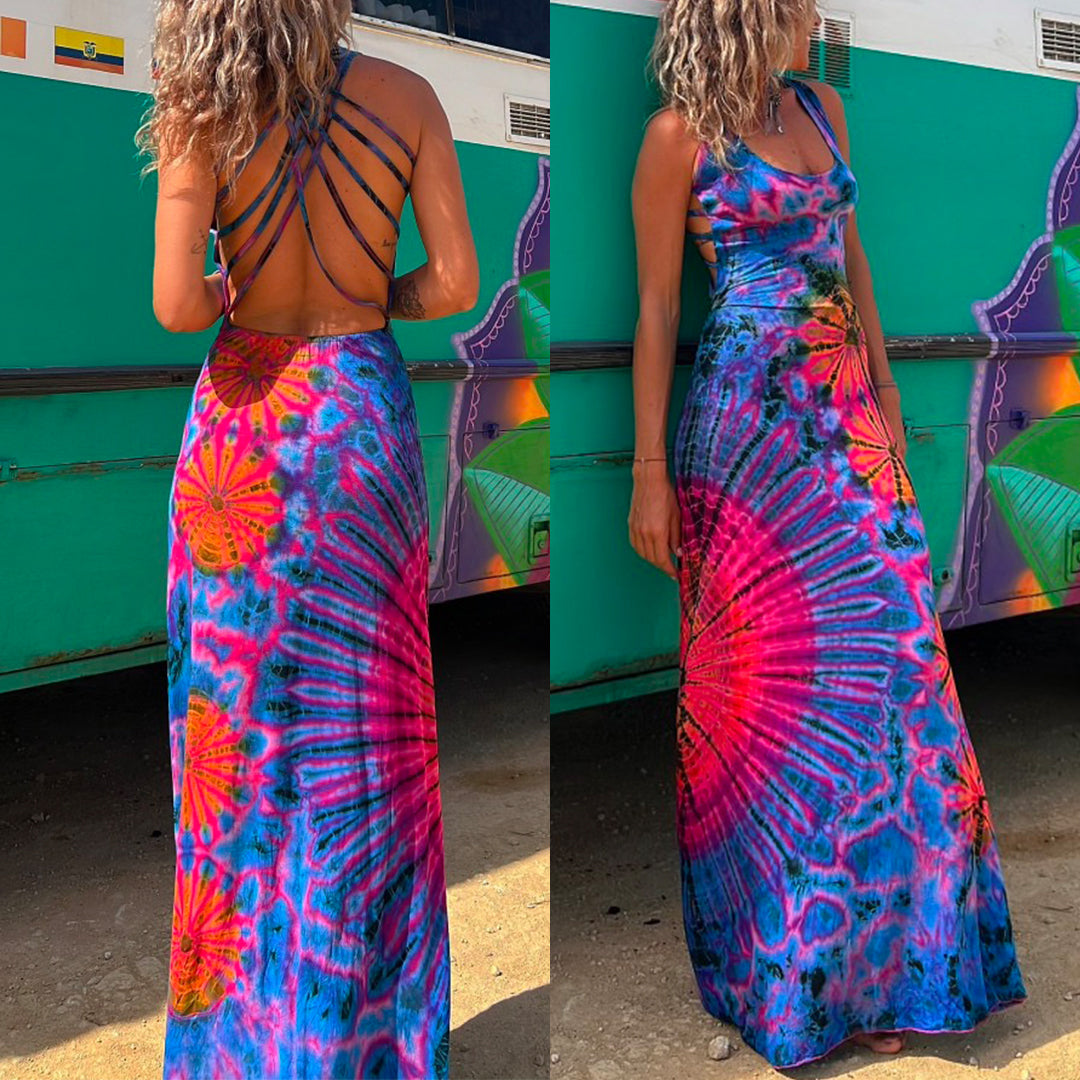 Vestido largo estilo camisola con efecto tie-dye y espalda descubierta, cruzado y cruzado 