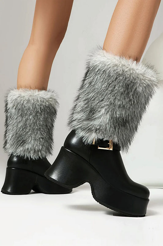 Strap Buckle Decor Faux Fur Round Toe Chunky Heel Platform Mid Boots