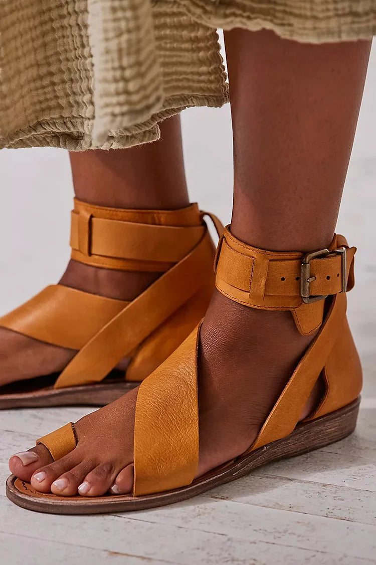 Solid Color Ankle Strap Buckle Toe Ring Orange Sandals [Pre Order]