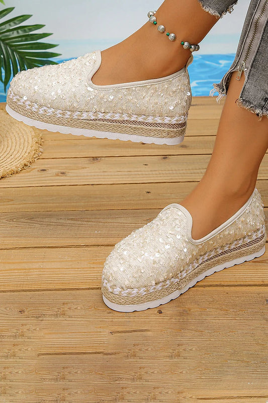 Sequin Woven Espadrille Round Toe Plain Platform Loafers