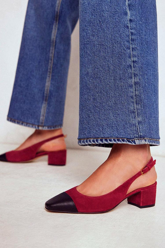 Sandali con tacco largo color block bordeaux e punta quadrata [Pre-ordine]