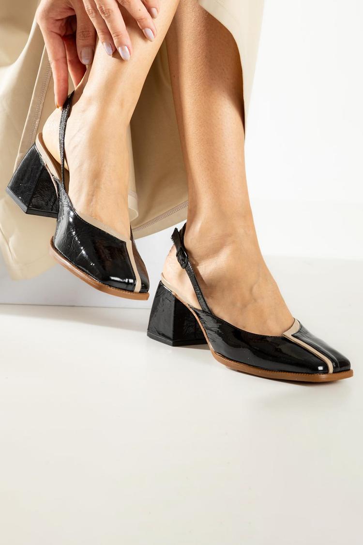 Scarpe con tacco grosso nere con cinturino posteriore e punta quadrata patchwork [Pre-ordine] 