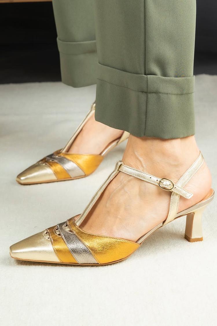 Colorblock T-Strap Buckle Square Toe Gold Low Heels [Pre Order]