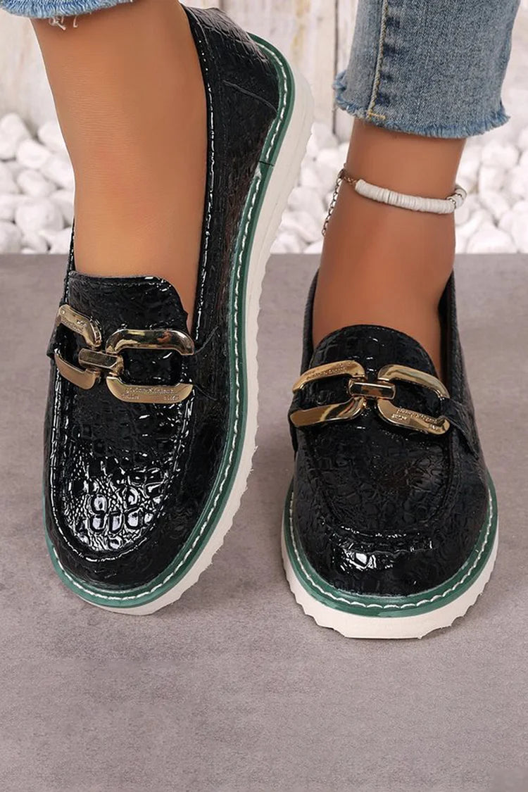 Crocodile Print Metallic Buckle Decor Round Toe Loafers