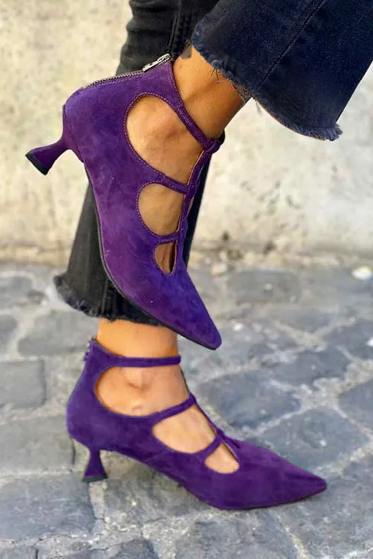 Hollow Out Ankle Strap Zip Pointed Toe Purple Kitten Heels