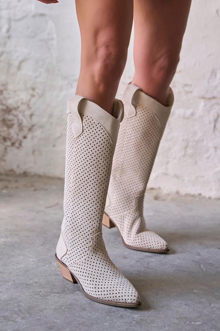 Botas Cowboy de Salto Baixo Pontiagudo Perfuradas em Pele Sintética [Pré-Encomenda]