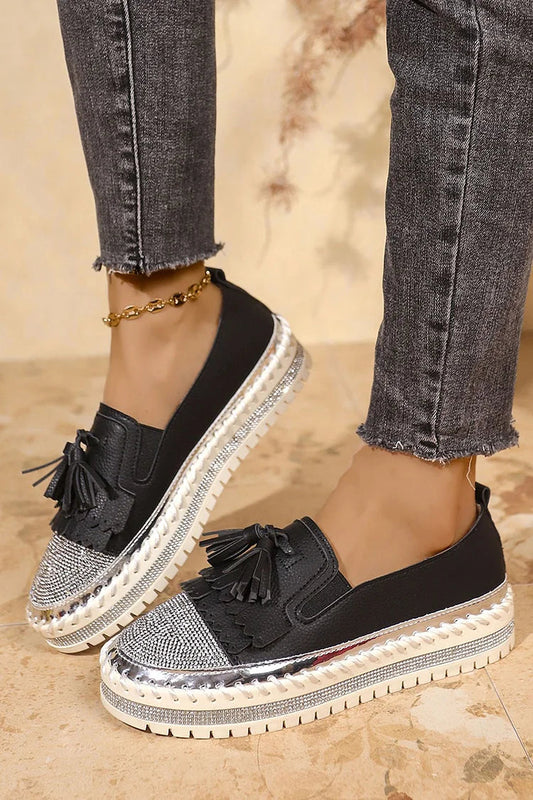 Rhinestone Embellished Tassels Trim Stitch Round Toe Loafers