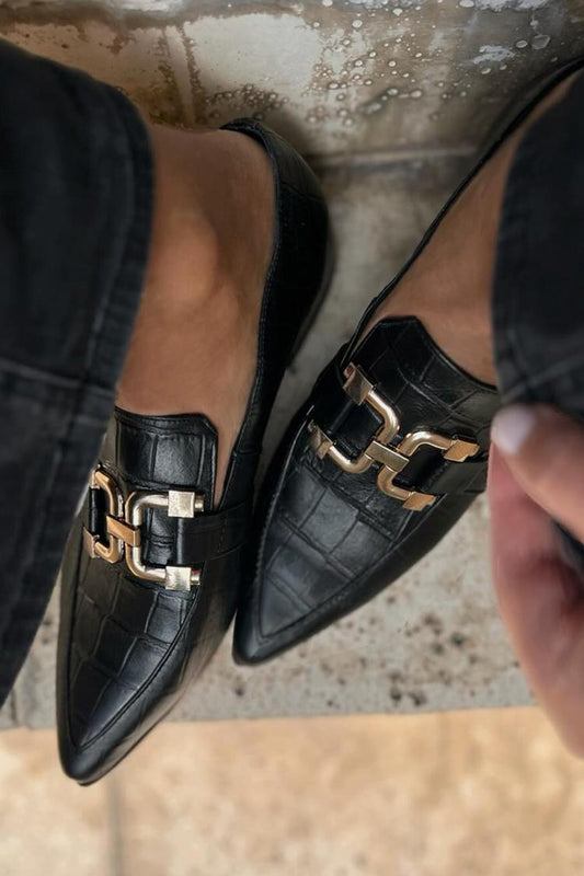 Metall Schnalle Dekor Spitz Zehen Freizeit Schwarze Loafer [Vorbestellung]