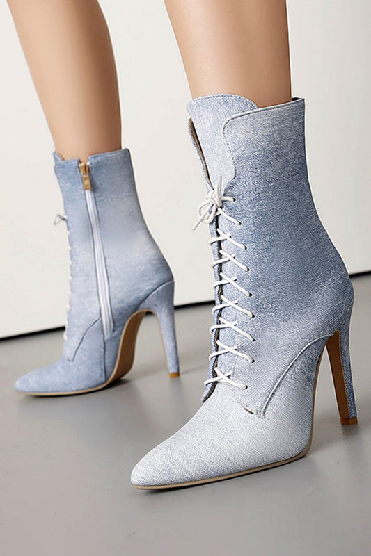 Denim-Stiefel mit Farbverlauf, spitzer Zehenbereich, Stiletto-Absatz, Schnürstiefel bis zur Mitte der Wade