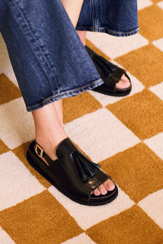 Quasten-Dekor Einfarbige Offene Zehen Schwarze Sandalen [Vorbestellung]