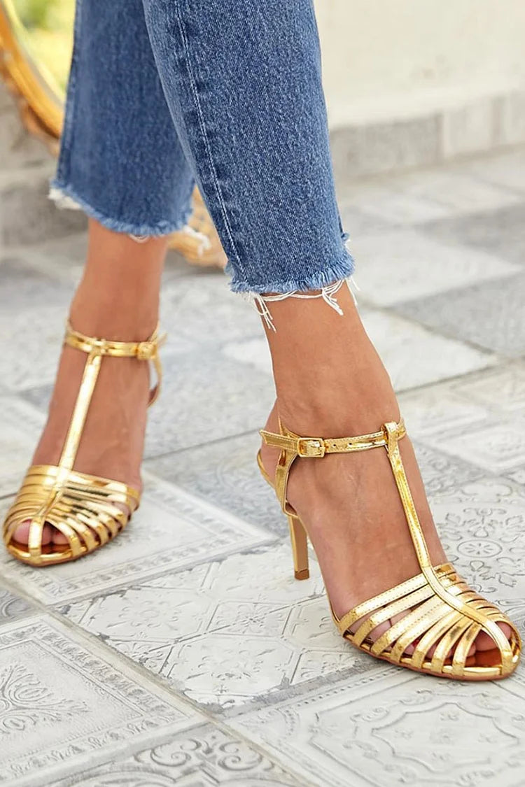 Metallic Sheen Hollow Out T-Strap Buckle Gold Stiletto Heels