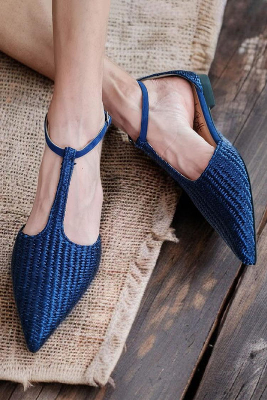 Ballerine blu navy con punta a punta, cinturino a T e fibbia in tinta unita [Pre-ordine] 
