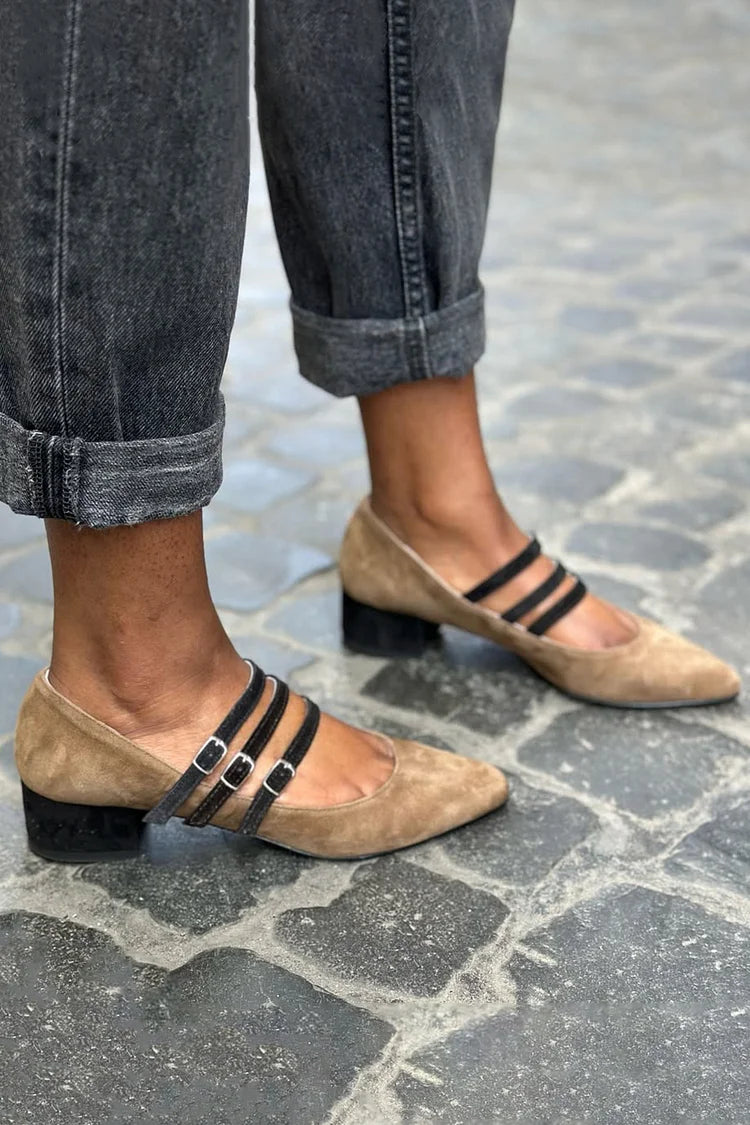 Multi Straps Buckles Pointed Toe Khaki Low Heels [Pre Order]