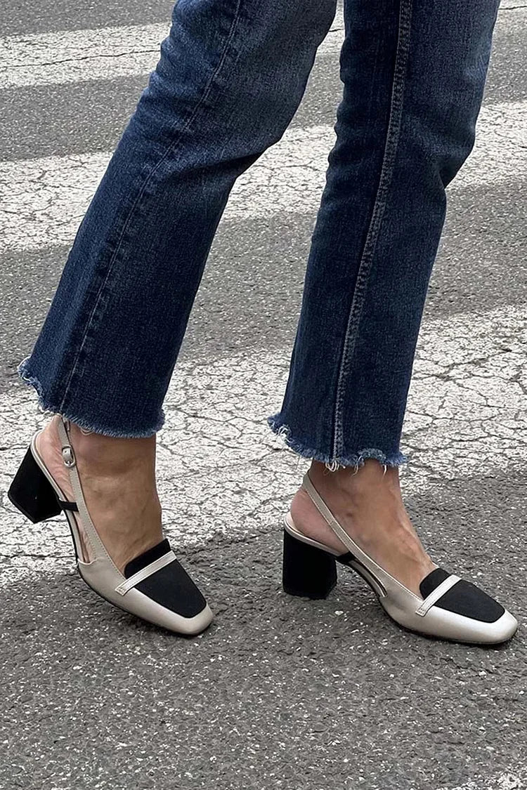 Farbblock Slingback Quadratzehen Greige Chunky Absätze [Vorbestellung]