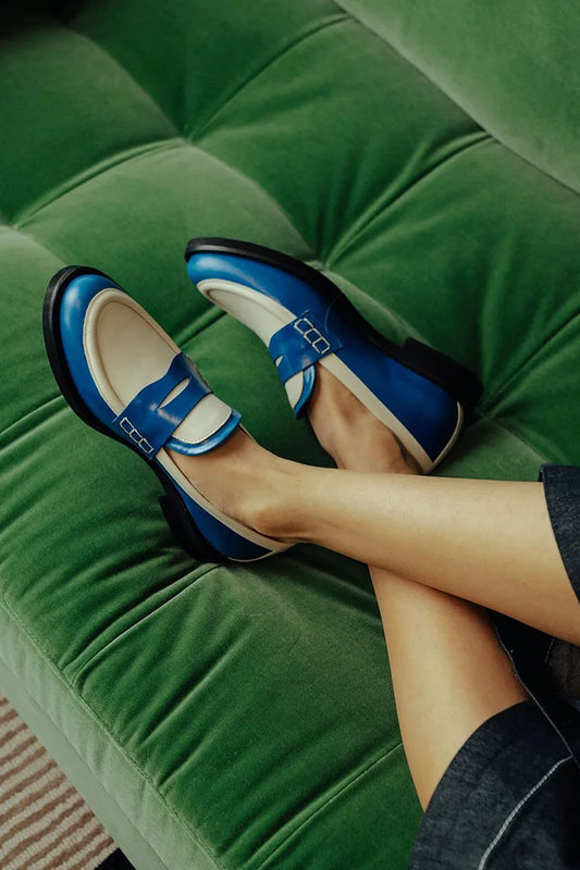 Patchwork kolorowy blok okrągły nosek casualowe niebieskie mokasyny [Przedsprzedaż]