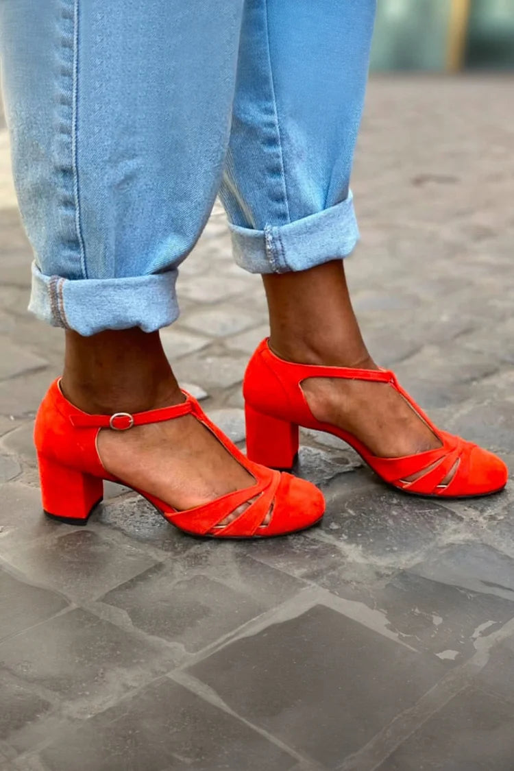 Hollow Out Solid Color T-Strap Buckle Red Chunky Heels [Pre Order]