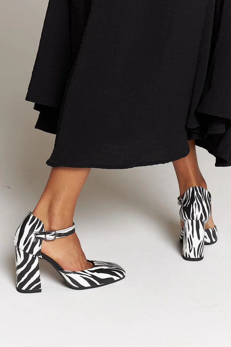 Zebra Print Ankle Strap Buckle Black Chunky Heels [Pre Order]