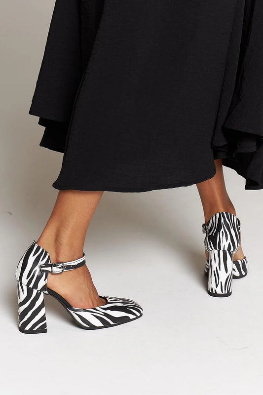 Zebra Print Ankle Strap Buckle Black Chunky Heels [Pre Order]