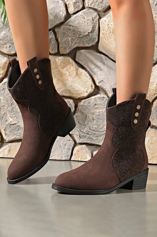 Patchwork Round Toe Chunky Heel Pull On Ankle Boots