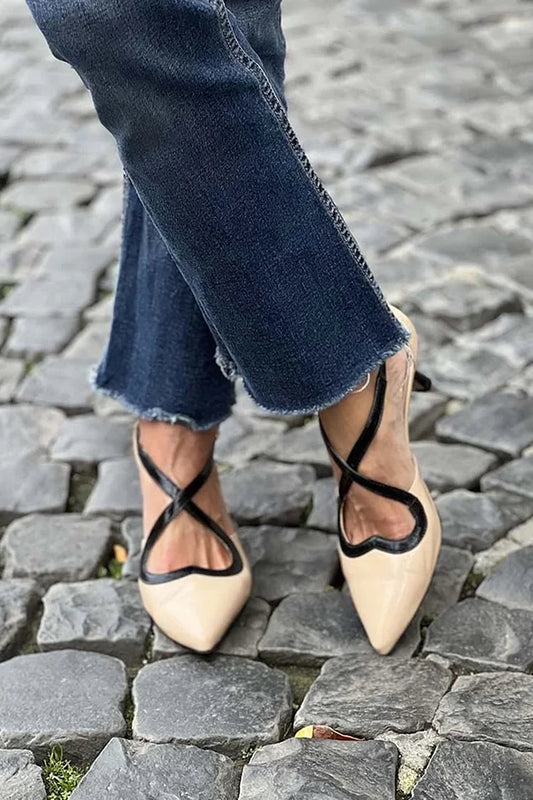 Colorblock Kreuzriemen Schnalle Spitz zulaufende Zehen Beige Kitten Heels [Vorbestellung]
