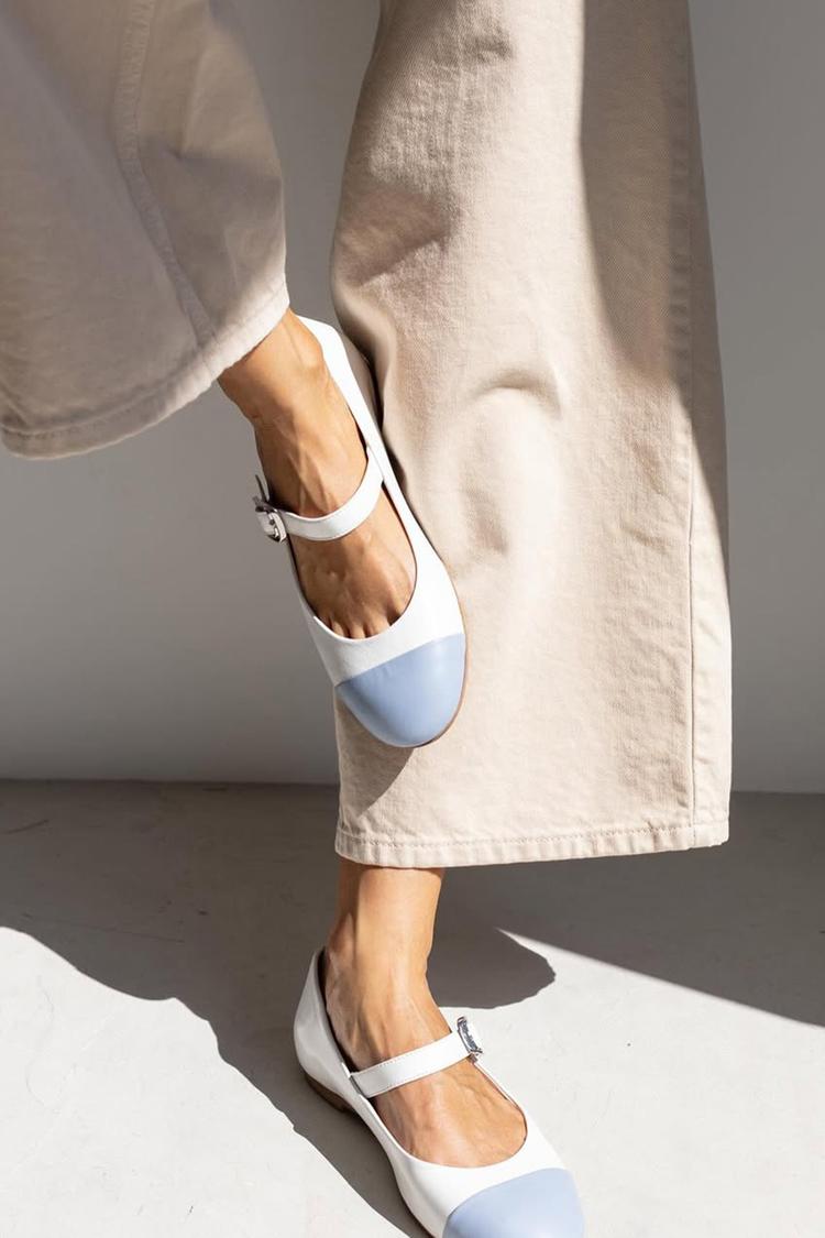 Colorblock Round Toe Instep Strap Buckle White Flats [Pre Order]