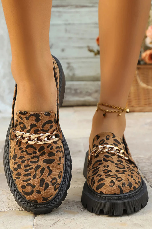 Leopard Print Metal Chain Decor Round Toe Low Block Heel Loafers