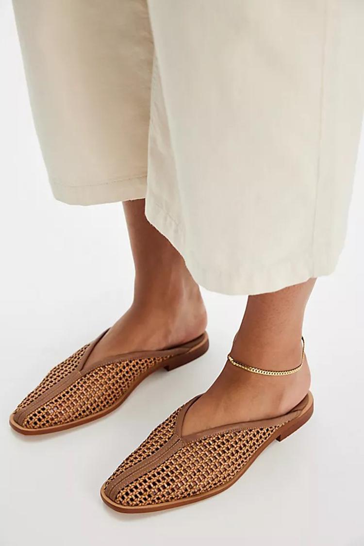 Mules casual marroni con punta quadrata e motivo patchwork traforato [Pre-ordine] 