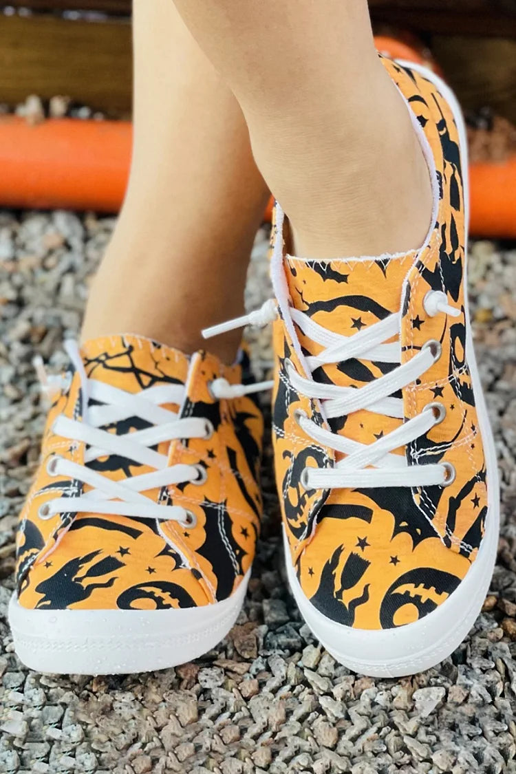 Halloween Pumpkin Bat Print Lace Up Canvas Casual Shoes