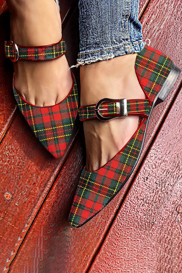 Plaid Instep Strap Buckle Pointed Toe Red Loafers [Pre Order]