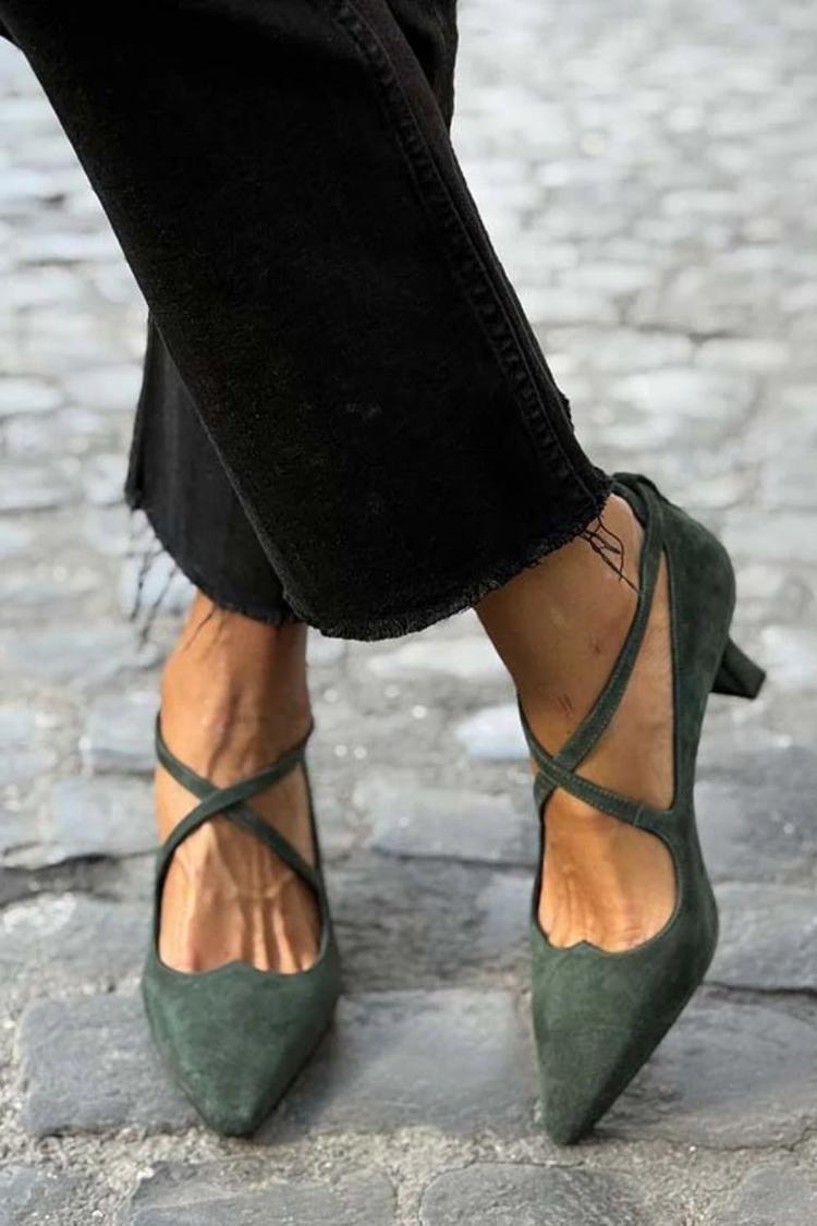 Sandali con tacco a gattino, punta affilata, cinturino incrociato, casual, verde militare
